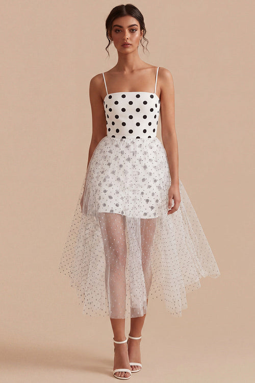 White and Black Spaghetti Straps A Line Maxi Polka Dots Dress
