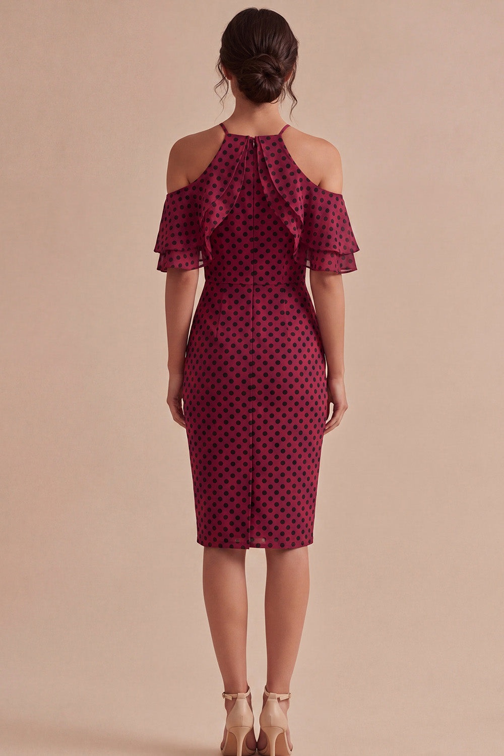 Bodycon Burgundy and White Halter Midi Polka Dots Dress with Ruffles