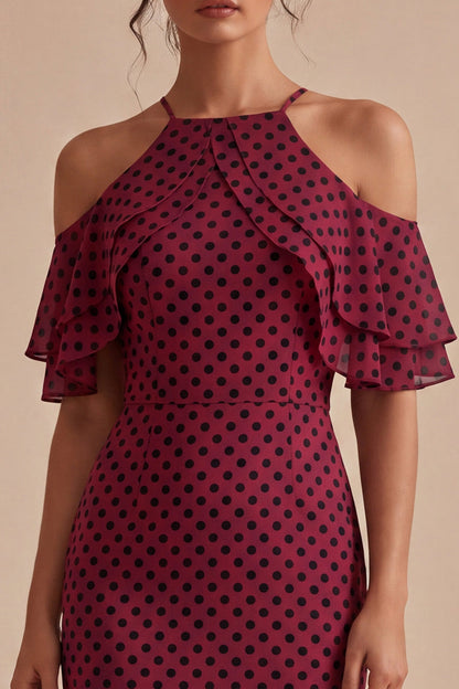 Bodycon Burgundy and White Halter Midi Polka Dots Dress with Ruffles
