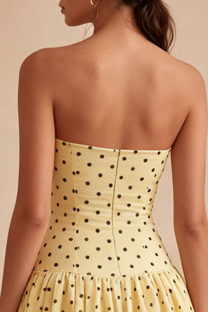 Yellow and Black A Line Short Strapless Polka Dots Dress