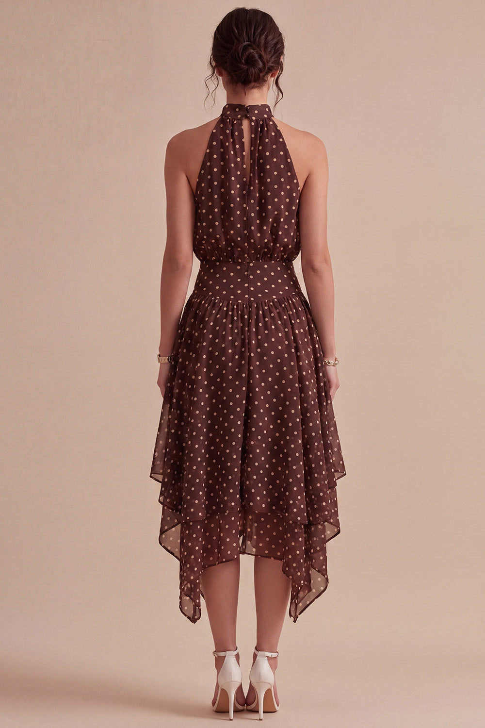 Coffee and White High Neck A Line Asymmetrical Polka Dots Dress
