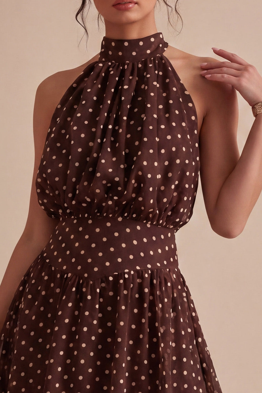 Coffee and White High Neck A Line Asymmetrical Polka Dots Dress