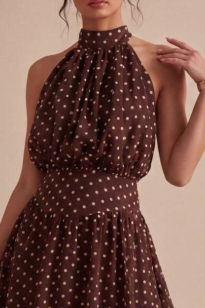 Coffee and White High Neck A Line Asymmetrical Polka Dots Dress
