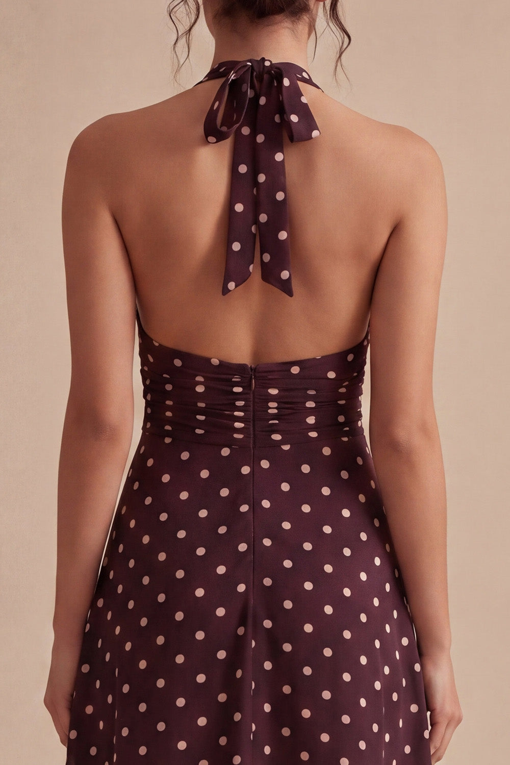 Burgundy and White Halter Maxi A Line Polka Dots Dress