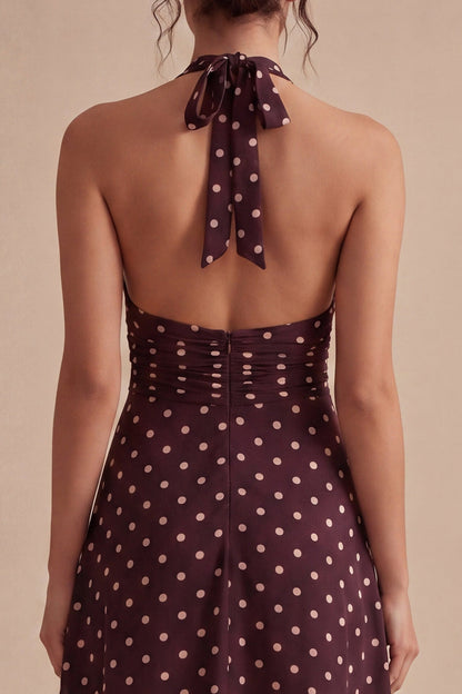 Burgundy and White Halter Maxi A Line Polka Dots Dress