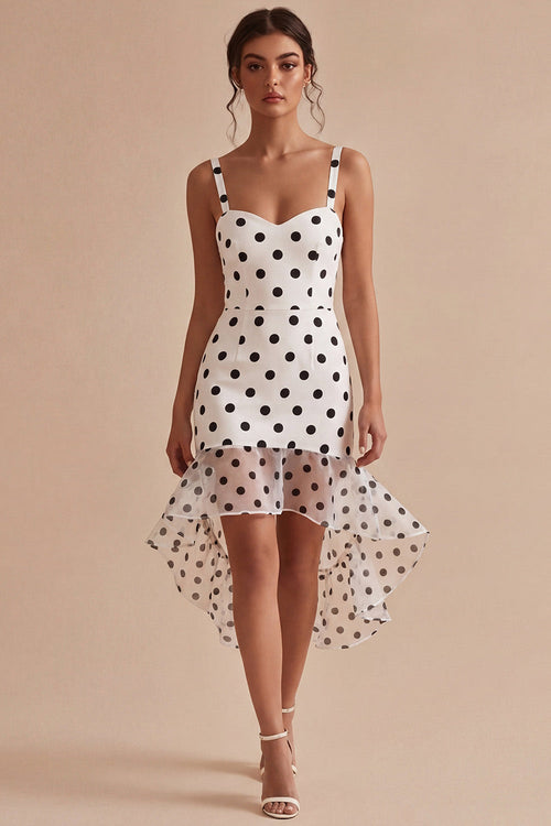 White and Black Thick Straps High Low Polka Dots Dress with Ruffles