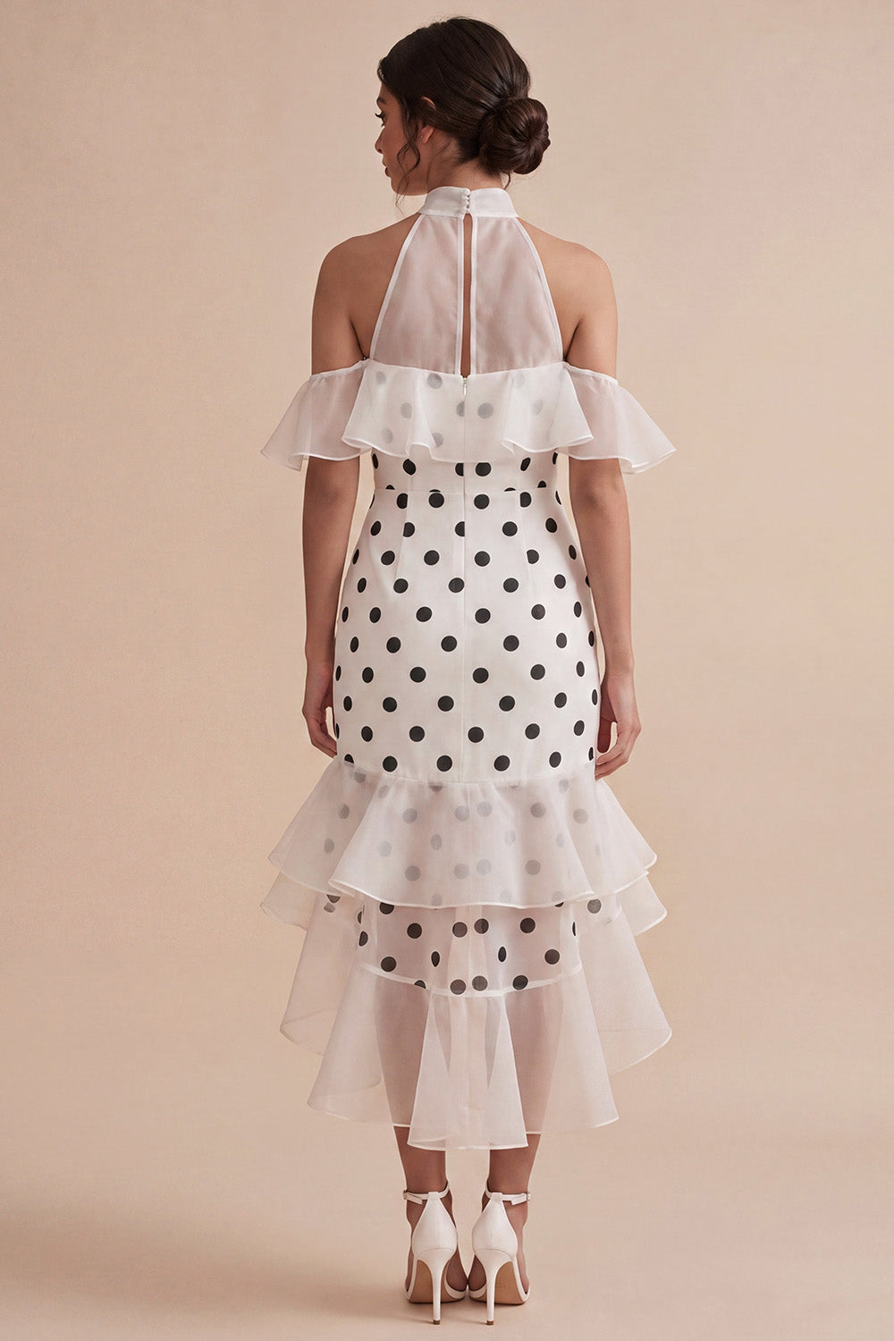 High Neck White and Black High Low Polka Dots Dress with Ruffles