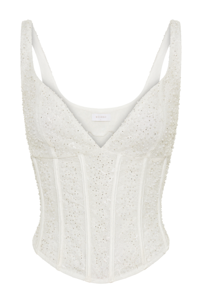 Elsie Pearl Beaded Bustier Top - White