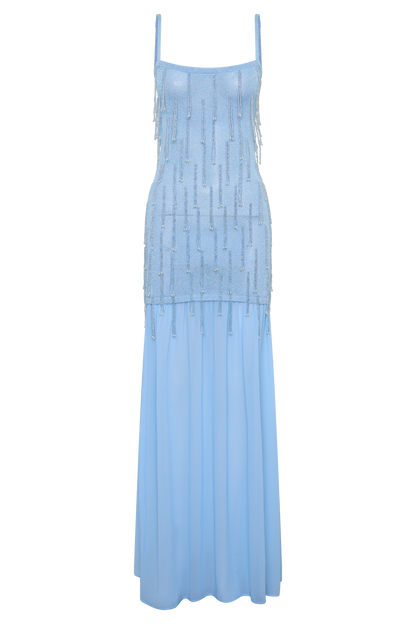 Belinda Beaded Knit & Chiffon Maxi Dress - Light Blue