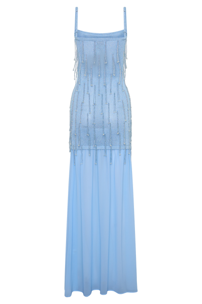 Belinda Beaded Knit & Chiffon Maxi Dress - Light Blue