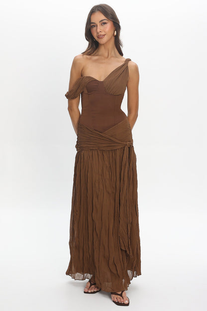 Keia Crepe Chiffon One-Shoulder Maxi Dress Chocolate
