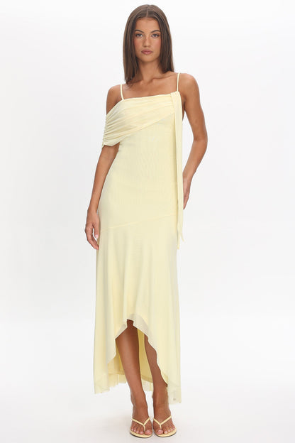Millitah Asymmetric Hem Mesh Maxi Dress Butter