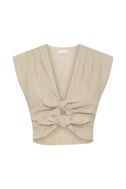 Anahita Linen Front Bows Short Sleeve Top - Natural