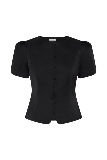 Anne Short Sleeve Satin Top - Black