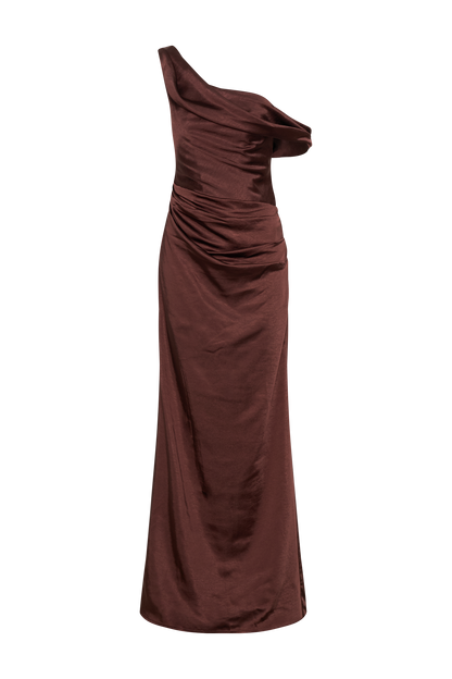 Dalia Off Shoulder Satin Maxi Dress - Dark Chocolate