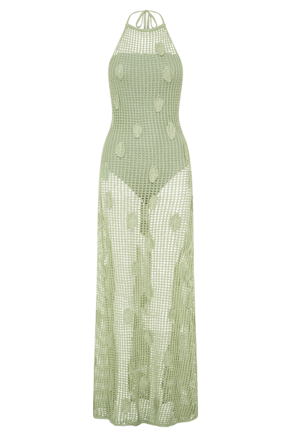 Elfie Crochet Halter Maxi Dress - Pastel Green