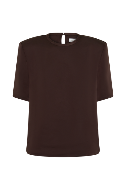 Harlyn Shoulder Pad Short Sleeve Satin Top - Dark Chocolate