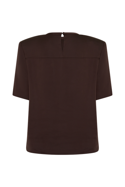 Harlyn Shoulder Pad Short Sleeve Satin Top - Dark Chocolate