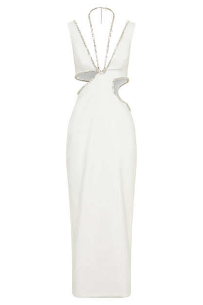 Henny Diamante Trim Cut Out Midi Dress - White