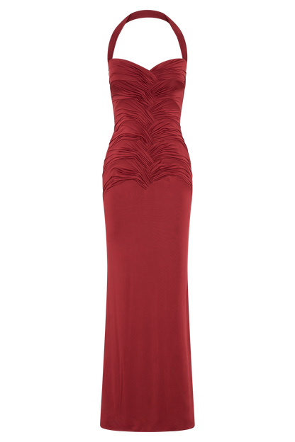 Hoai Gathered Slinky Halter Maxi Dress - Deep Red