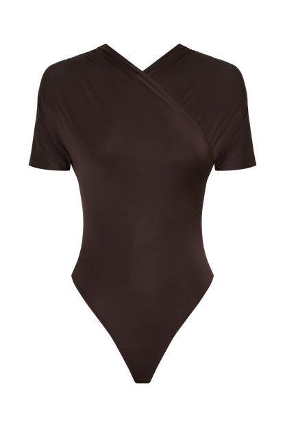 Junie Shortsleeve Cross-Over Bodysuit - Chocolate