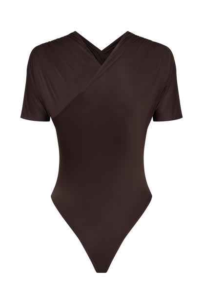 Junie Shortsleeve Cross-Over Bodysuit - Chocolate