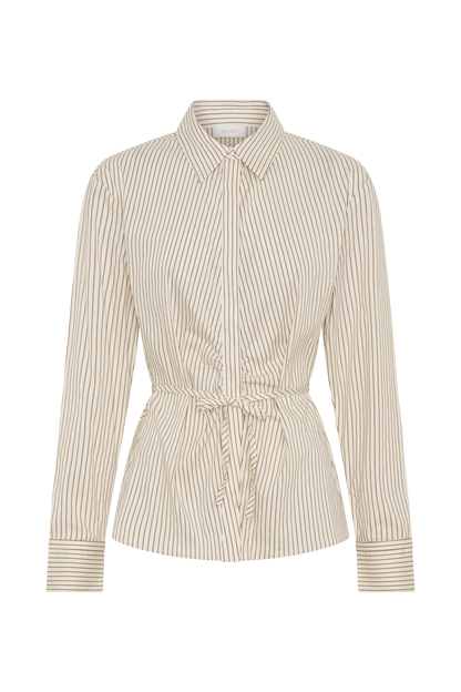 Millie Tie Back Cotton Shirt - Beige Pinstripe