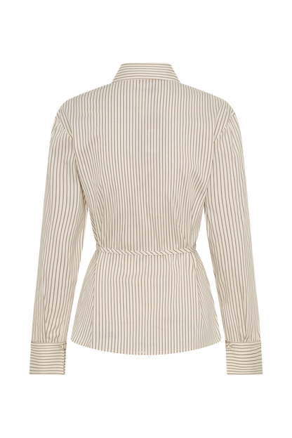 Millie Tie Back Cotton Shirt - Beige Pinstripe