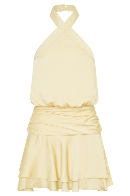 Poppy Satin Halter Mini Dress - Lemon