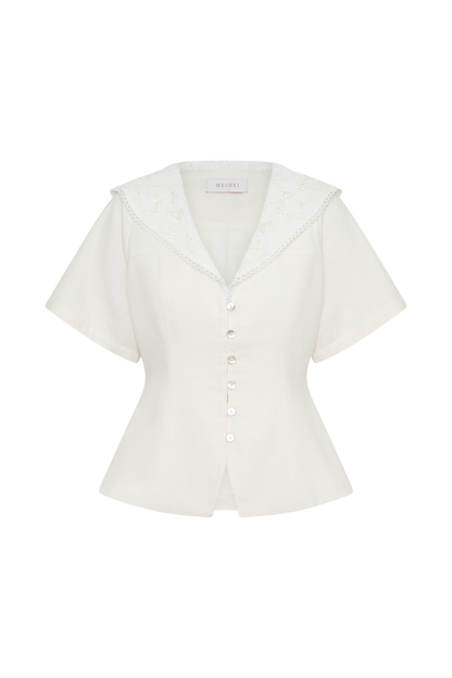Melody Short Sleeve Shirt With Lace Collar - White
