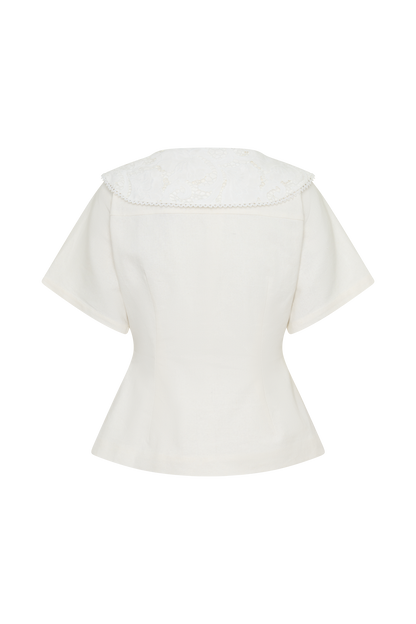 Melody Short Sleeve Shirt With Lace Collar - White