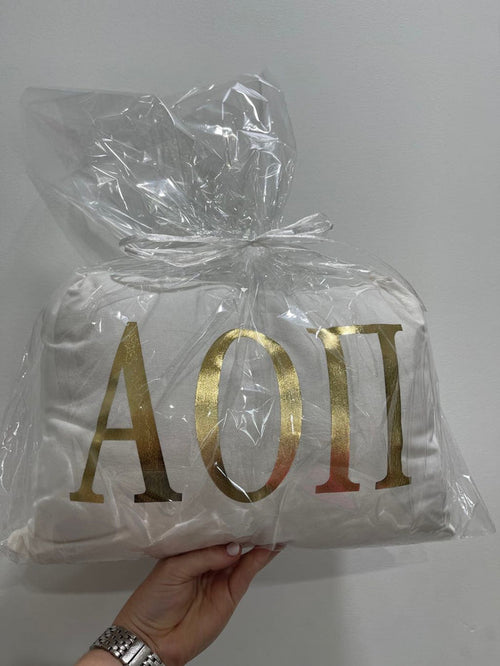 Alpha Omicron Pi White Pillow with Gold Letters
