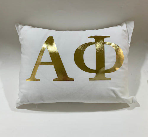 Alpha Phi White Pillow with Gold Letters