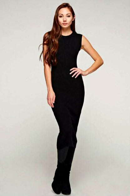 Would You Mind Black Ribbed Knit Crew Neck Sweater Dress