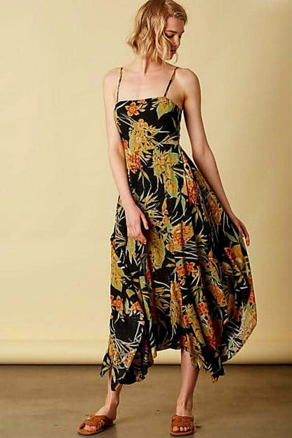 Tropical Thunder Black Floral Tie Back Midi Dress