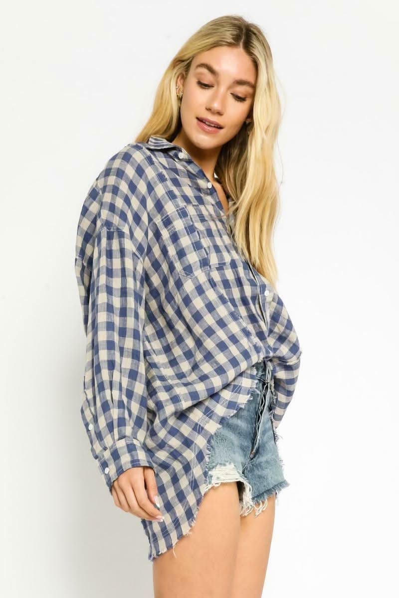 Taylor Blue Gingham Long Sleeve Button-Up Top