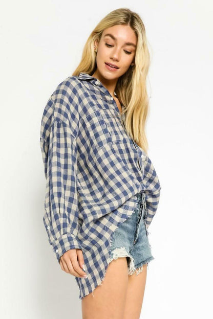 Taylor Blue Gingham Long Sleeve Button-Up Top