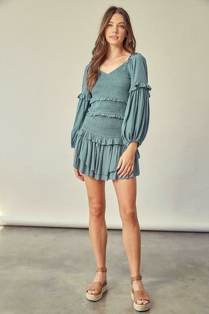 Seminal Moments Faded Green Smocked Long Sleeve Dress Set