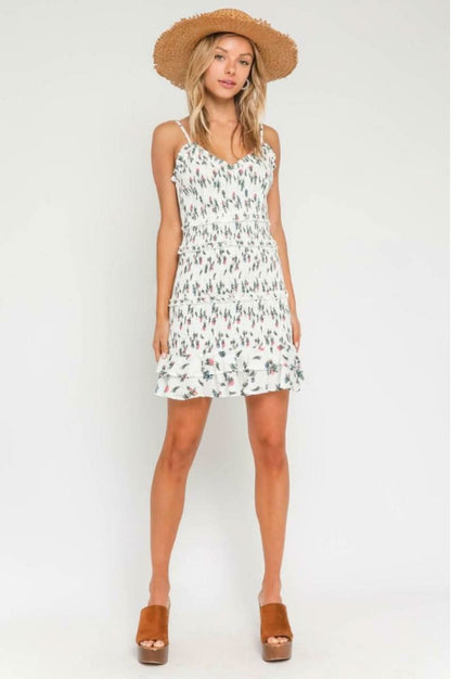 Rhea White and Red Floral Smocked Ruffle Mini Dress