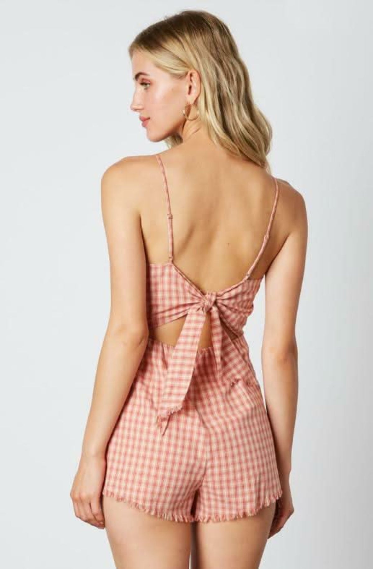 Stephanie Dusty Pink Gingham Tie-Back Romper