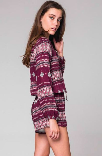 What's Happening Burgundy Boho Print Long Sleeve Romper