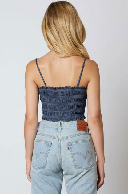 Vicky Denim Smocked Drawstring Cropped Tank Top