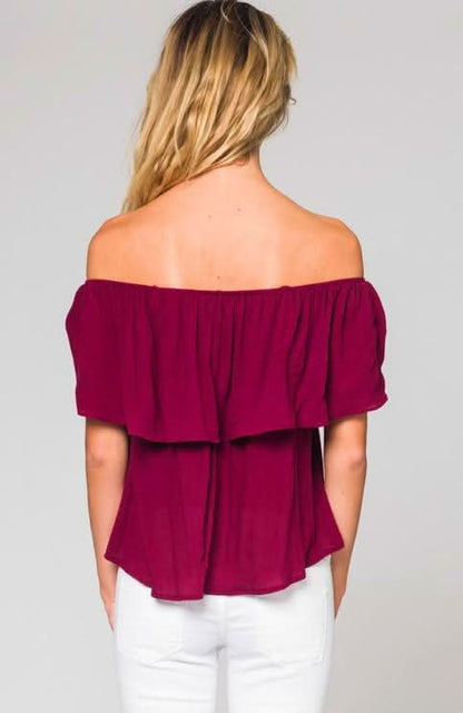 Without A Care Burgundy Ruffle Off-the-Shoulder Top