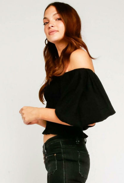 Stevie Black Off-the-Shoulder Bubble Sleeve Smocked Top