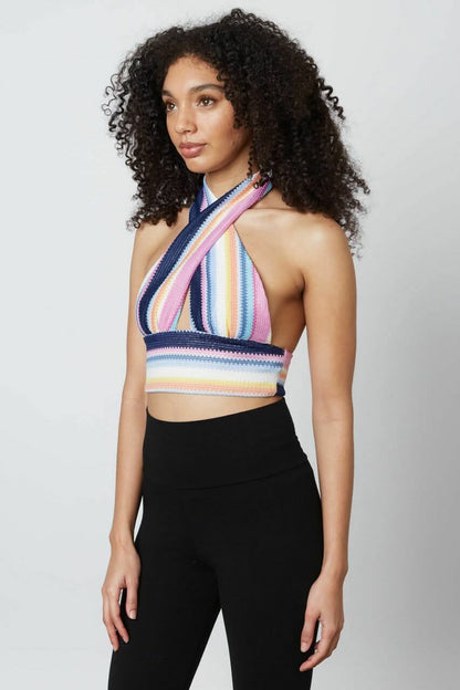Retro Vibes Pink Multi Striped Print Halter Crop Top