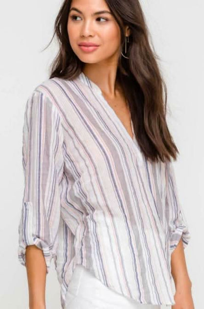 What Can I Say White Striped V-Neck Top