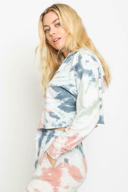 Time Out Starburst Denim Tie-Dye Cropped Hoodie