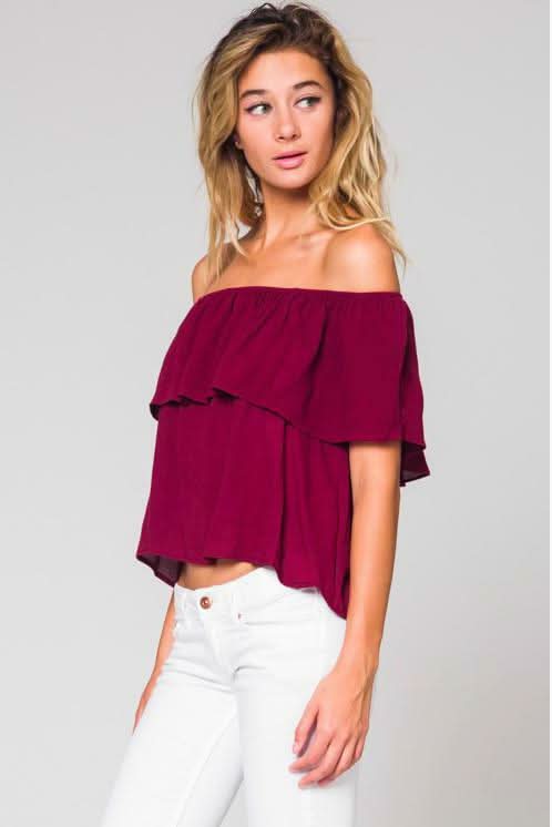Without A Care Burgundy Ruffle Off-the-Shoulder Top