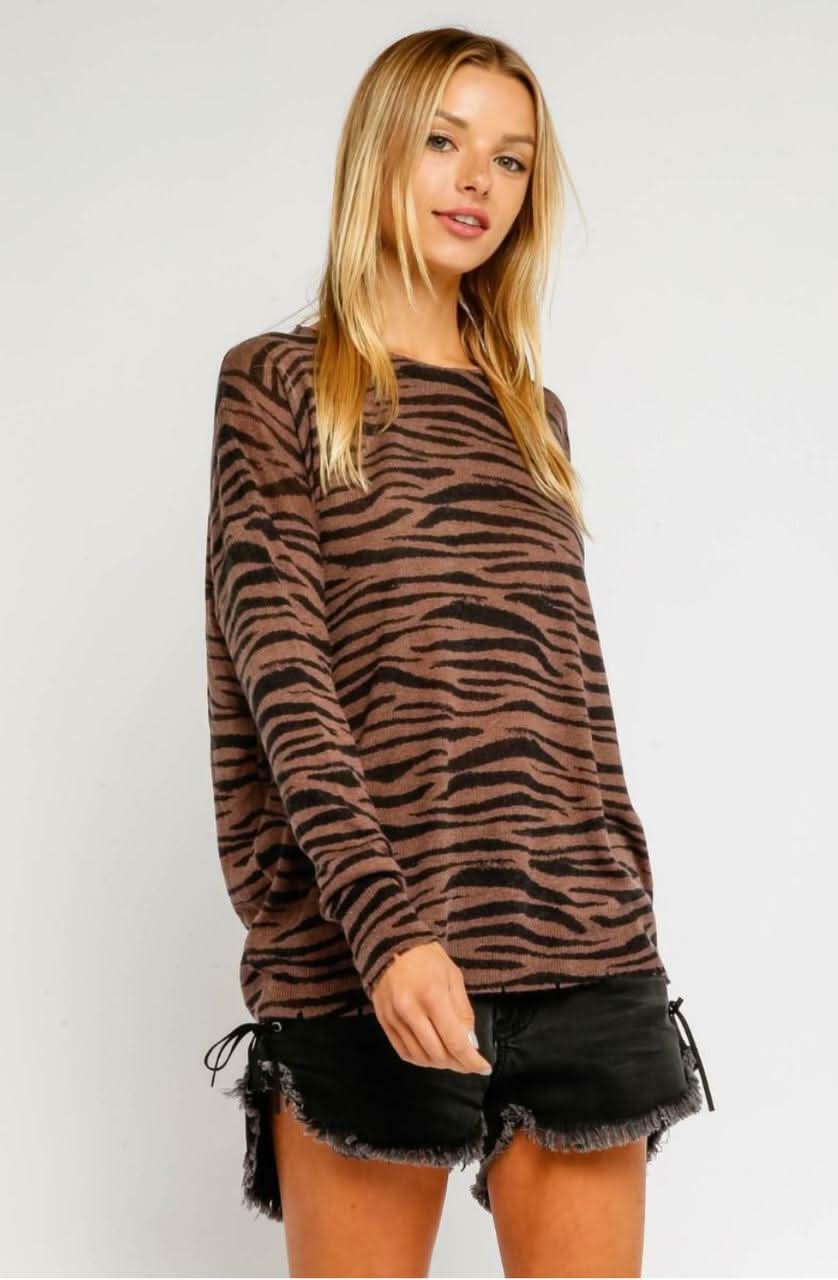 Wild Side Brown Zebra Print Sweater