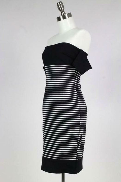 Worth it Black and White Striped Off-The-Shoulder Midi Dress
